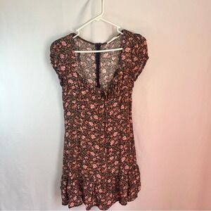 Floral Cottagecore Mini Dress Tie Front Fit & Flare Short Sleeve Large